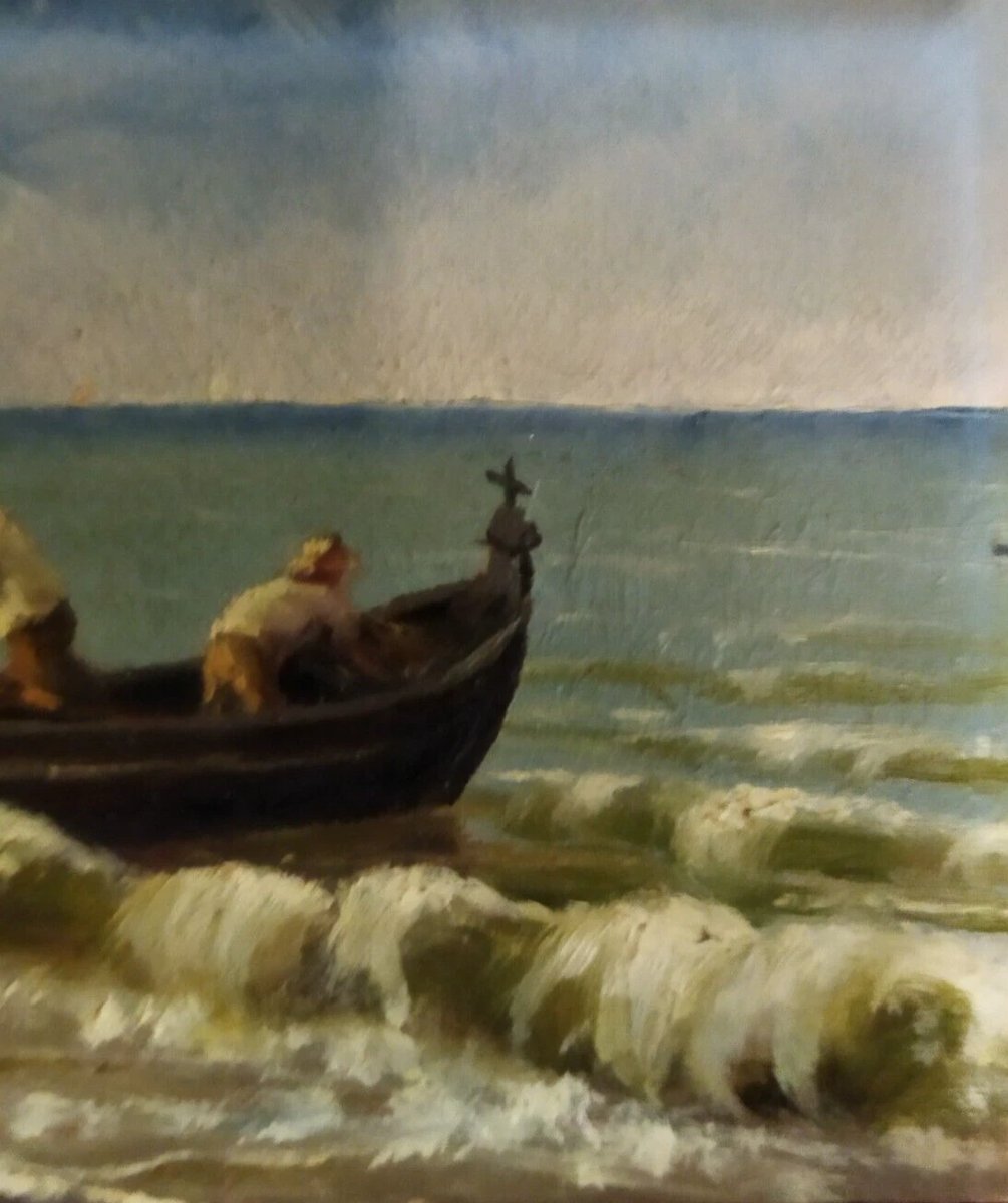 Oil Painting On Panel: Fishermen At Sea - With A Gilded Frame - 19th Century-photo-3