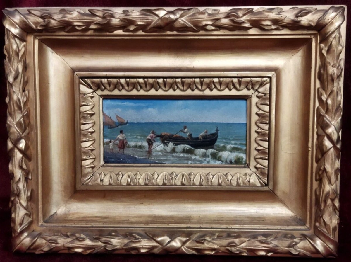 Oil Painting On Panel: Fishermen At Sea - With A Gilded Frame - 19th Century
