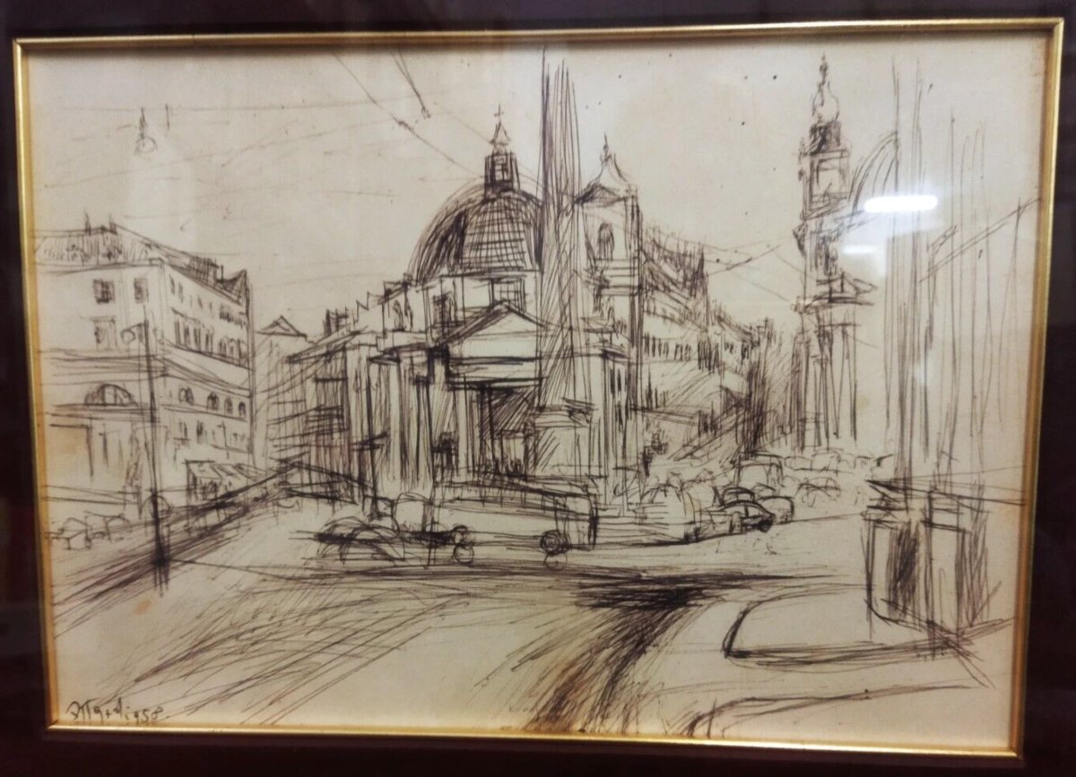 DESSIN / ENCRE - Piazza del Popolo, Rome - 1958  par Ugo Attardi (1923-2006)-photo-2