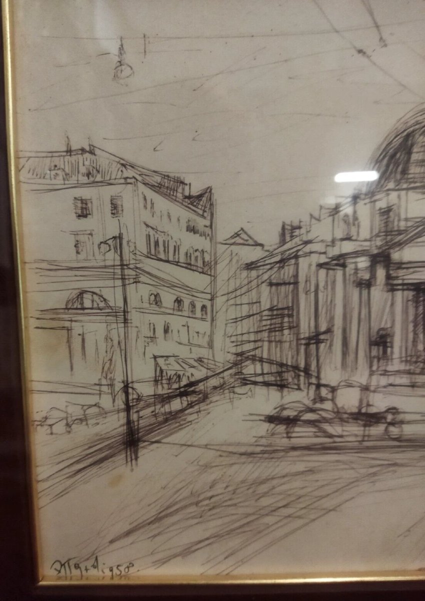 DESSIN / ENCRE - Piazza del Popolo, Rome - 1958  par Ugo Attardi (1923-2006)-photo-3