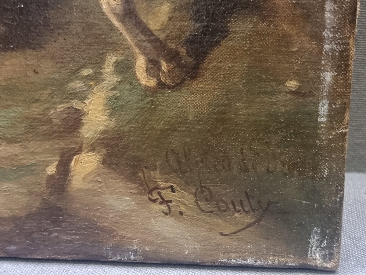 Huile sur toile représentant des chiens - Signée F. Couly - XIXe siècle-photo-3