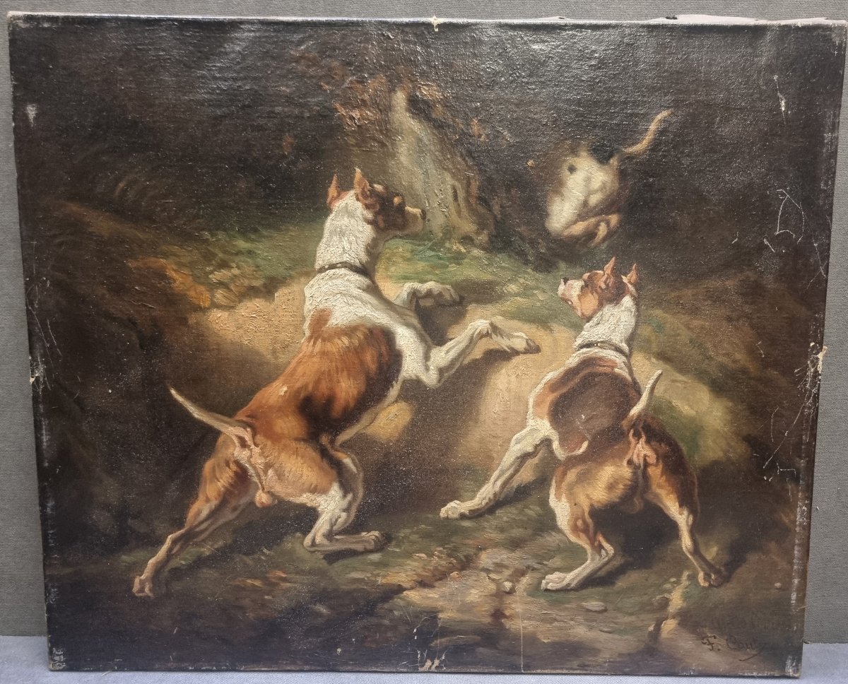 Huile sur toile représentant des chiens - Signée F. Couly - XIXe siècle