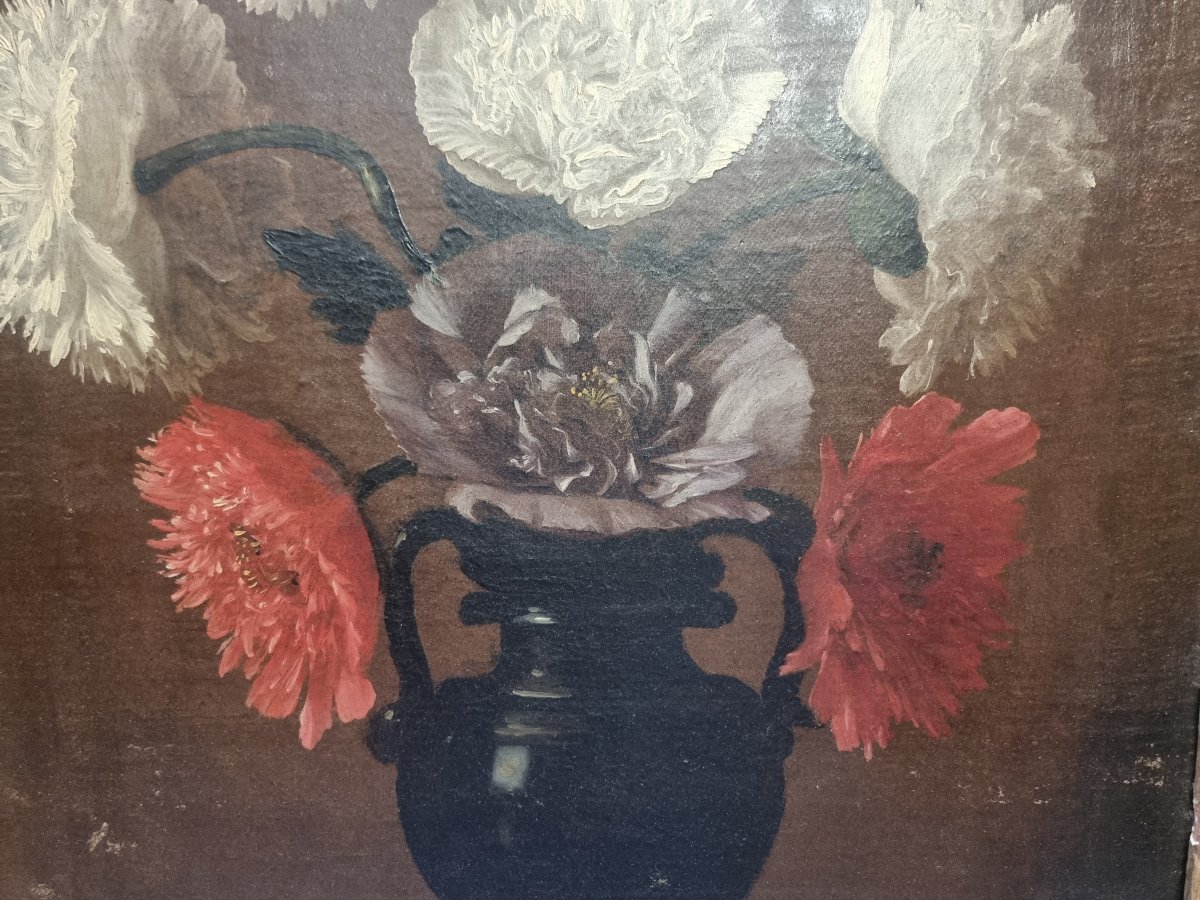 Huile sur toile - Nature morte, vase de fleurs - Cadre d'époque - XVIIe siècle-photo-3