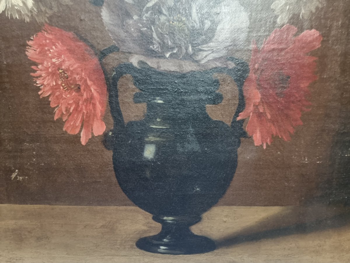 Huile sur toile - Nature morte, vase de fleurs - Cadre d'époque - XVIIe siècle-photo-4