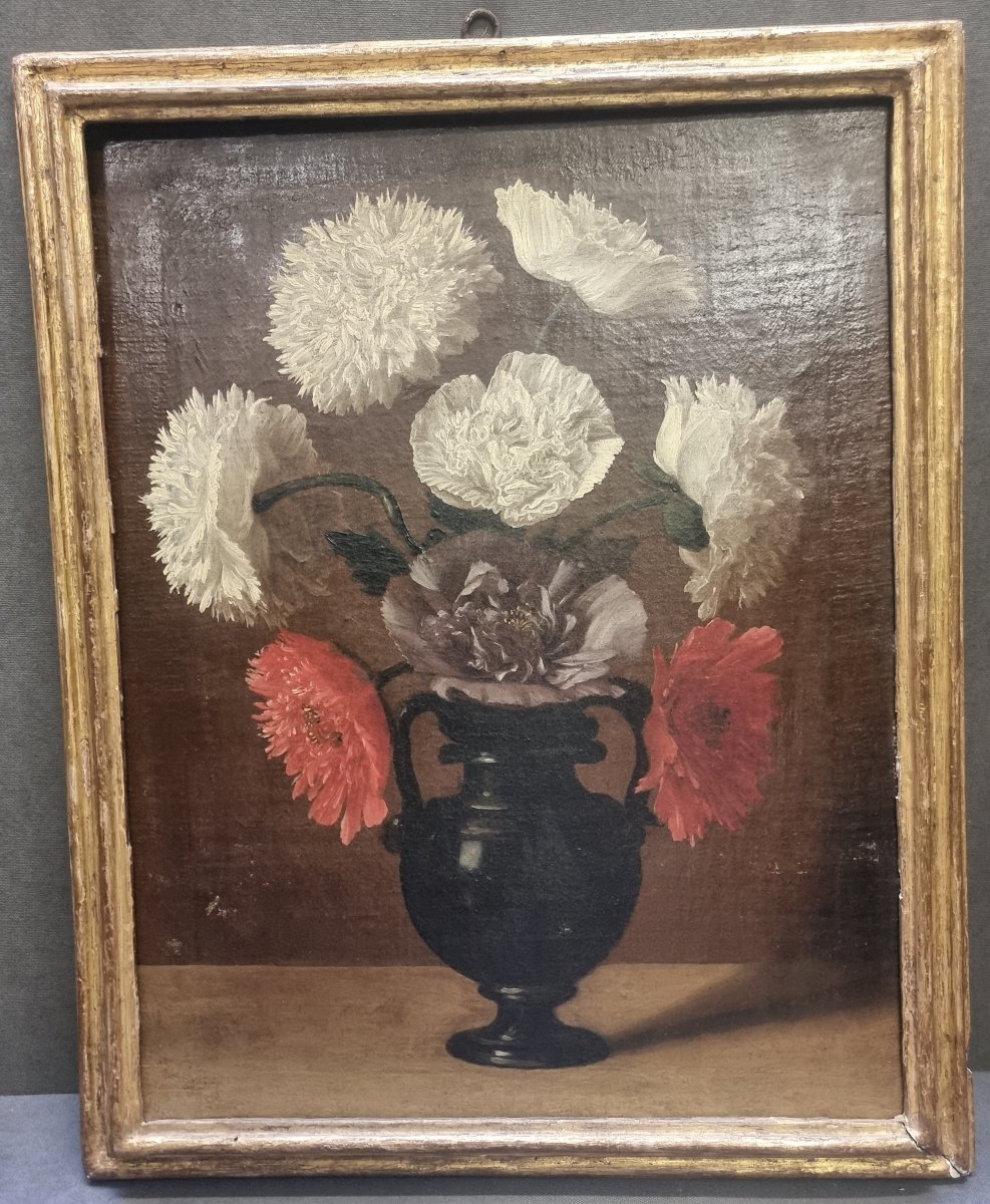 Huile sur toile - Nature morte, vase de fleurs - Cadre d'époque - XVIIe siècle