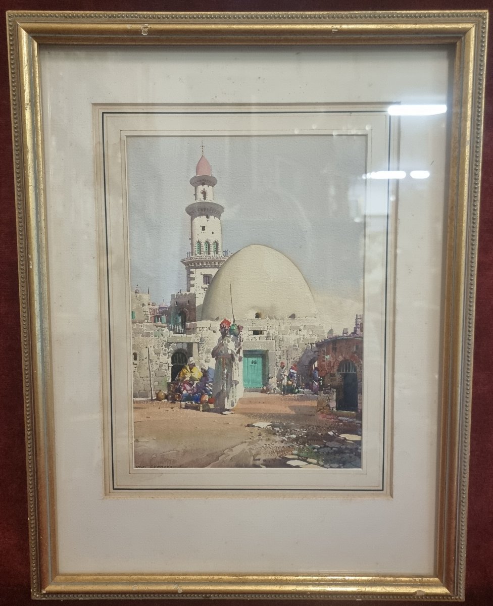 Aquarelle Orientaliste -  Mosquée Arabe - Signée Noel Harry Leaver (1889-1951) Début XX Siècle-photo-2