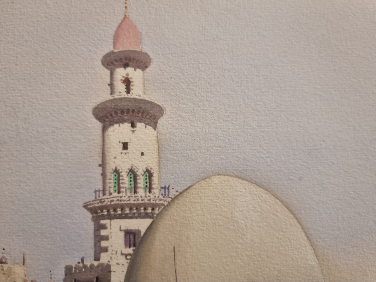 Aquarelle Orientaliste -  Mosquée Arabe - Signée Noel Harry Leaver (1889-1951) Début XX Siècle-photo-3