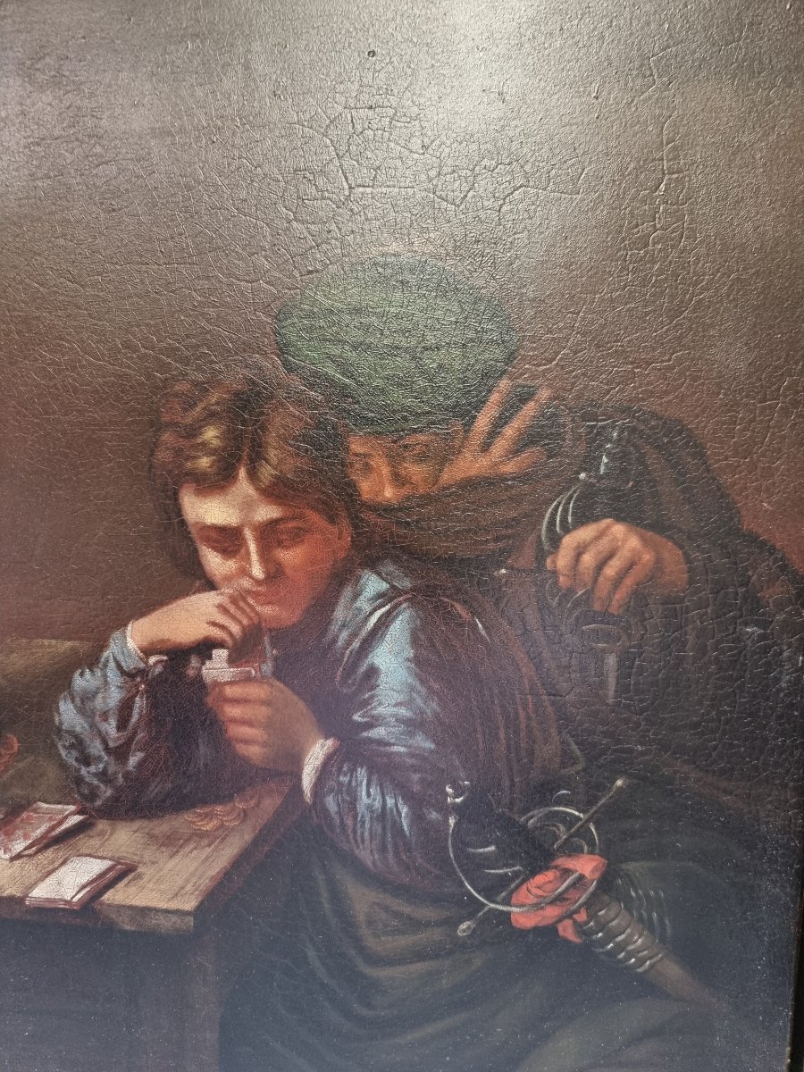 Peinture à l'huile sur plaque de zinc – Représentant des joueurs de cartes  - XIX siècle-photo-3