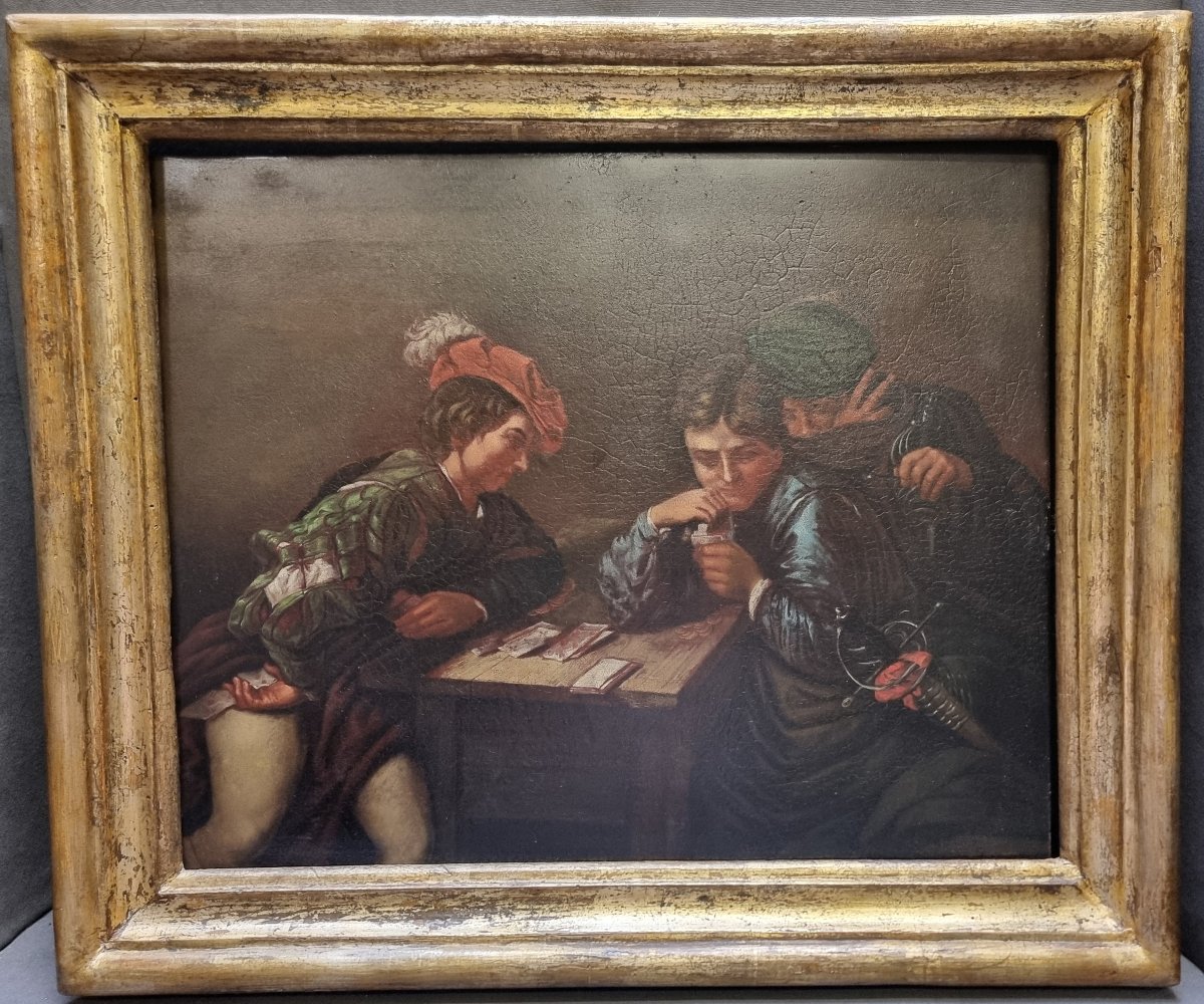 Peinture à l'huile sur plaque de zinc – Représentant des joueurs de cartes  - XIX siècle