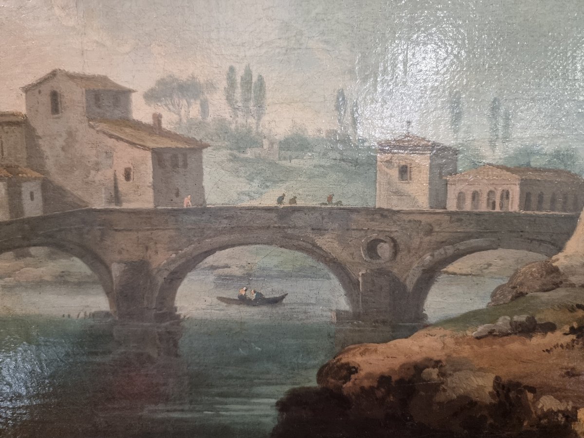 Oil On Canvas Painting - View Of The Ponte Sisto In Rome - Artist: Paolo Anesi (1697–1773)-photo-2