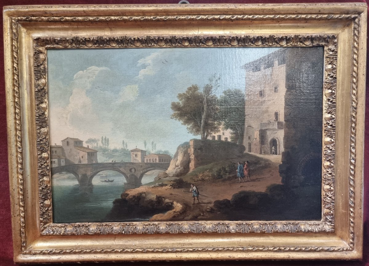 Oil On Canvas Painting - View Of The Ponte Sisto In Rome - Artist: Paolo Anesi (1697–1773)
