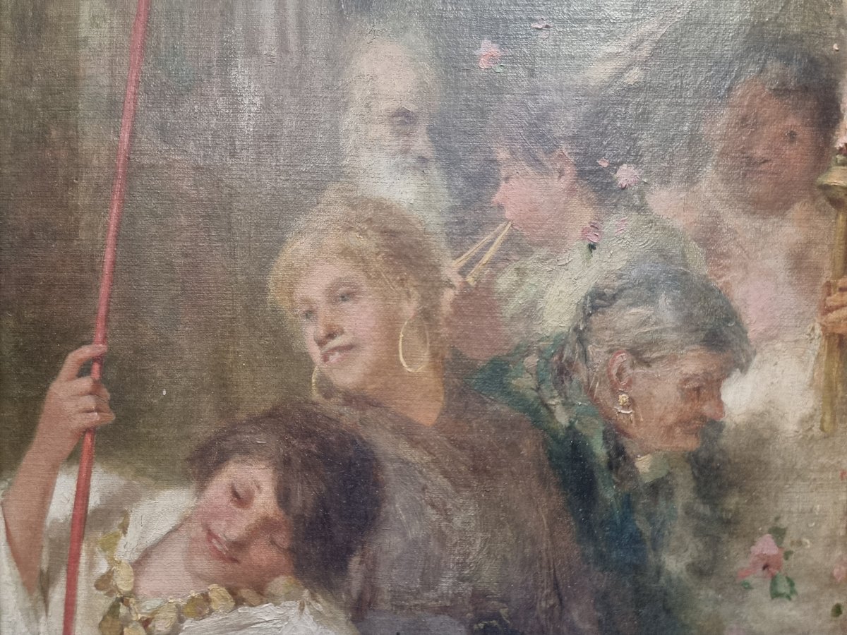 Huile sur toile représentant une fête païenne - Enrico Salfi (Cosenza 1857-1935)-photo-3