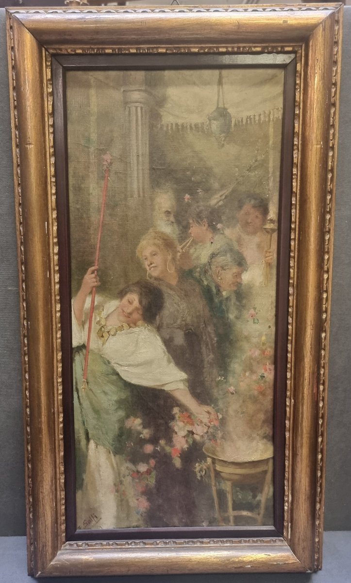 Huile sur toile représentant une fête païenne - Enrico Salfi (Cosenza 1857-1935)