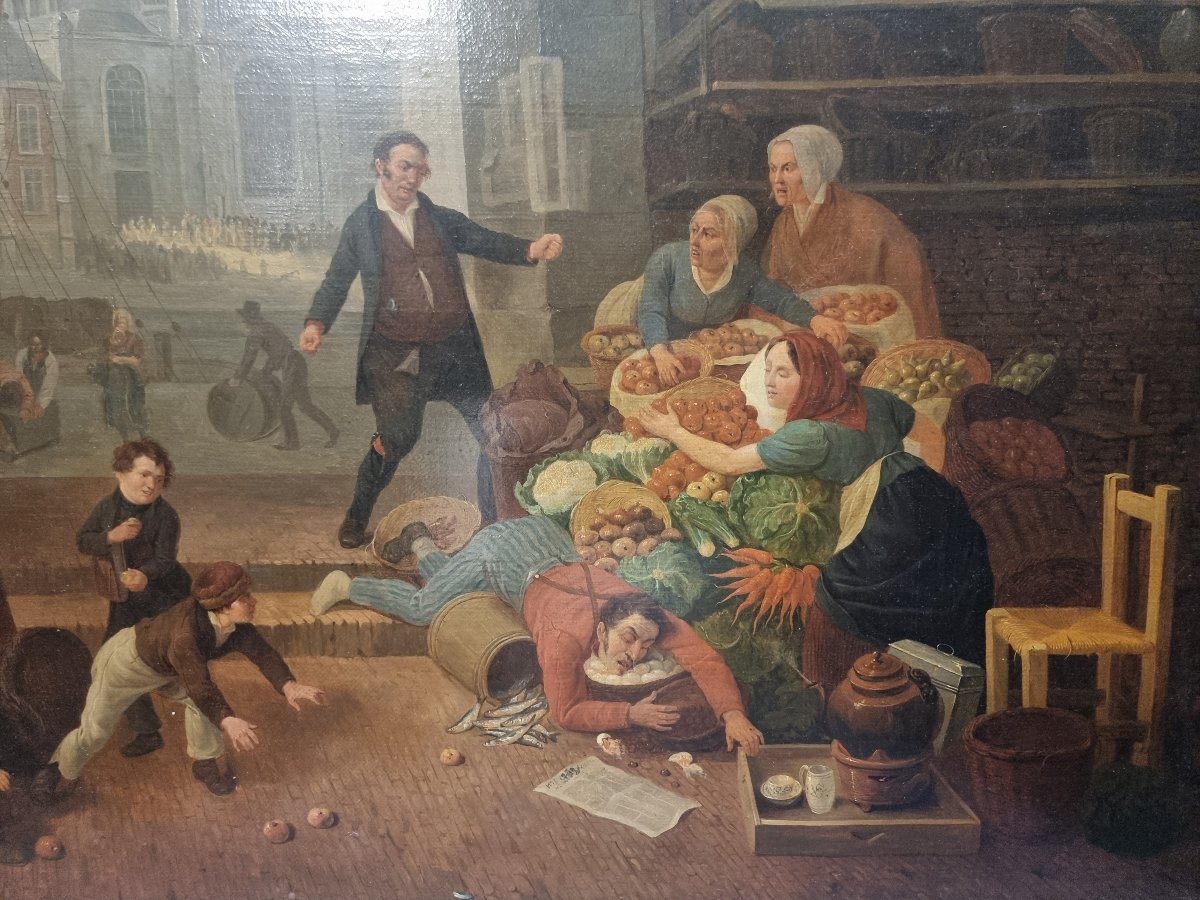 Huile sur toile représentant une scène de marché - Signée  C. Coene (1779-1841)-photo-2