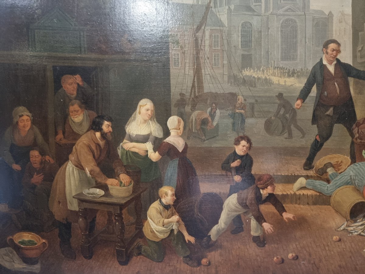 Huile sur toile représentant une scène de marché - Signée  C. Coene (1779-1841)-photo-3