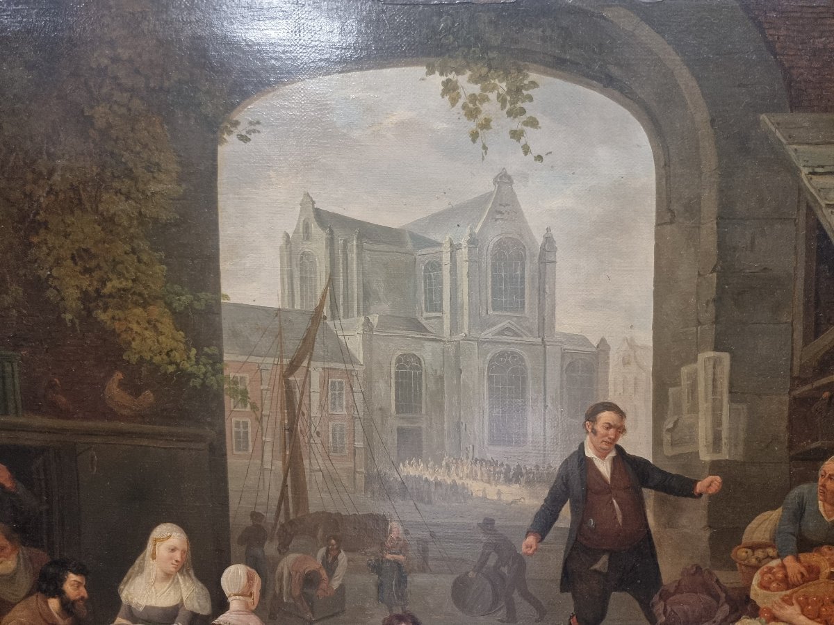 Huile sur toile représentant une scène de marché - Signée  C. Coene (1779-1841)-photo-4