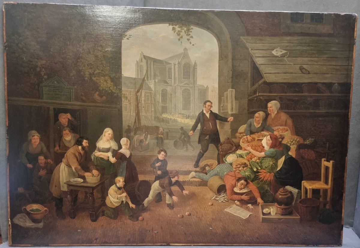 Huile sur toile représentant une scène de marché - Signée  C. Coene (1779-1841)