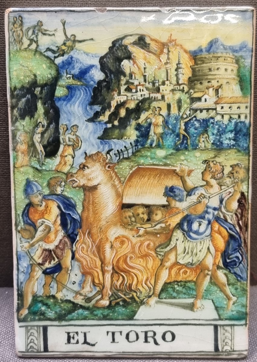 3 CARREAUX MAIOLICA PEINTE REPRÉSENTANT DES MARTYRS - ITALIE CENTRALE FIN DU XVIe SIÈCLE-photo-4