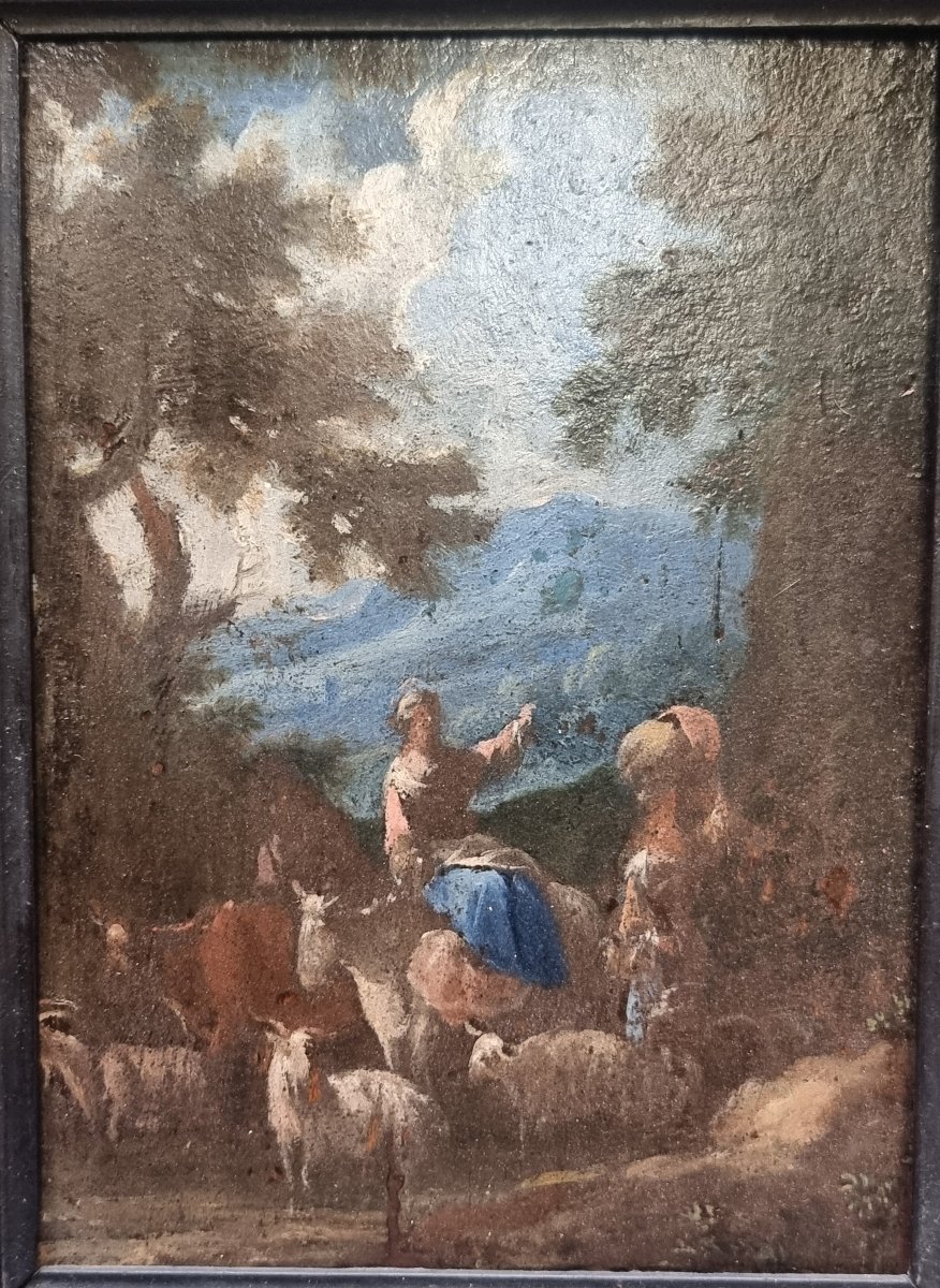 Huile sur panneau représentant une fable pastorale - Italie, milieu du XVIIe siècle-photo-2