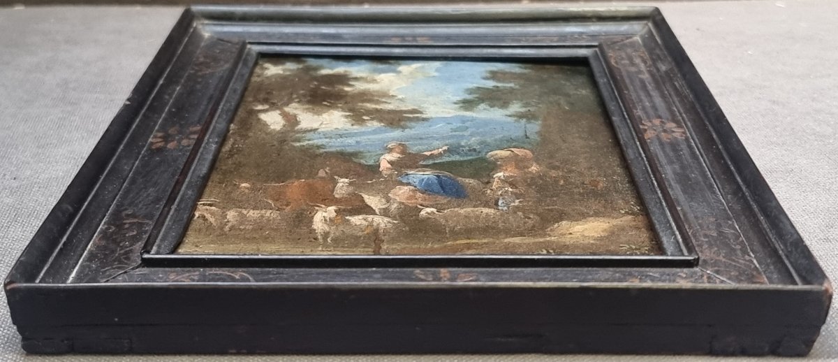 Huile sur panneau représentant une fable pastorale - Italie, milieu du XVIIe siècle-photo-1