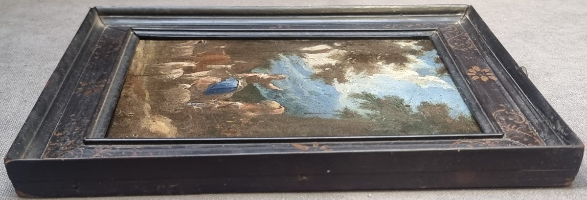 Huile sur panneau représentant une fable pastorale - Italie, milieu du XVIIe siècle-photo-2