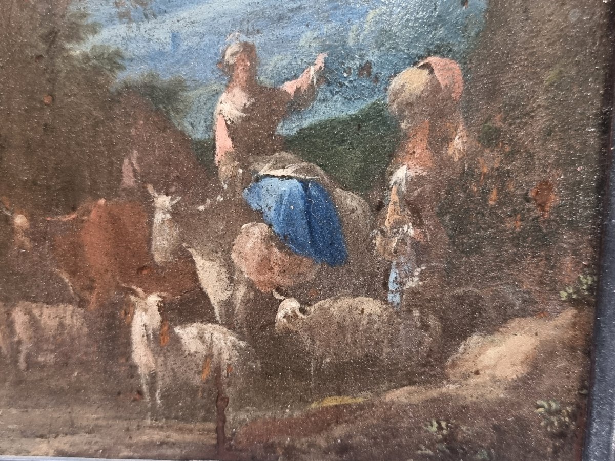 Huile sur panneau représentant une fable pastorale - Italie, milieu du XVIIe siècle-photo-3