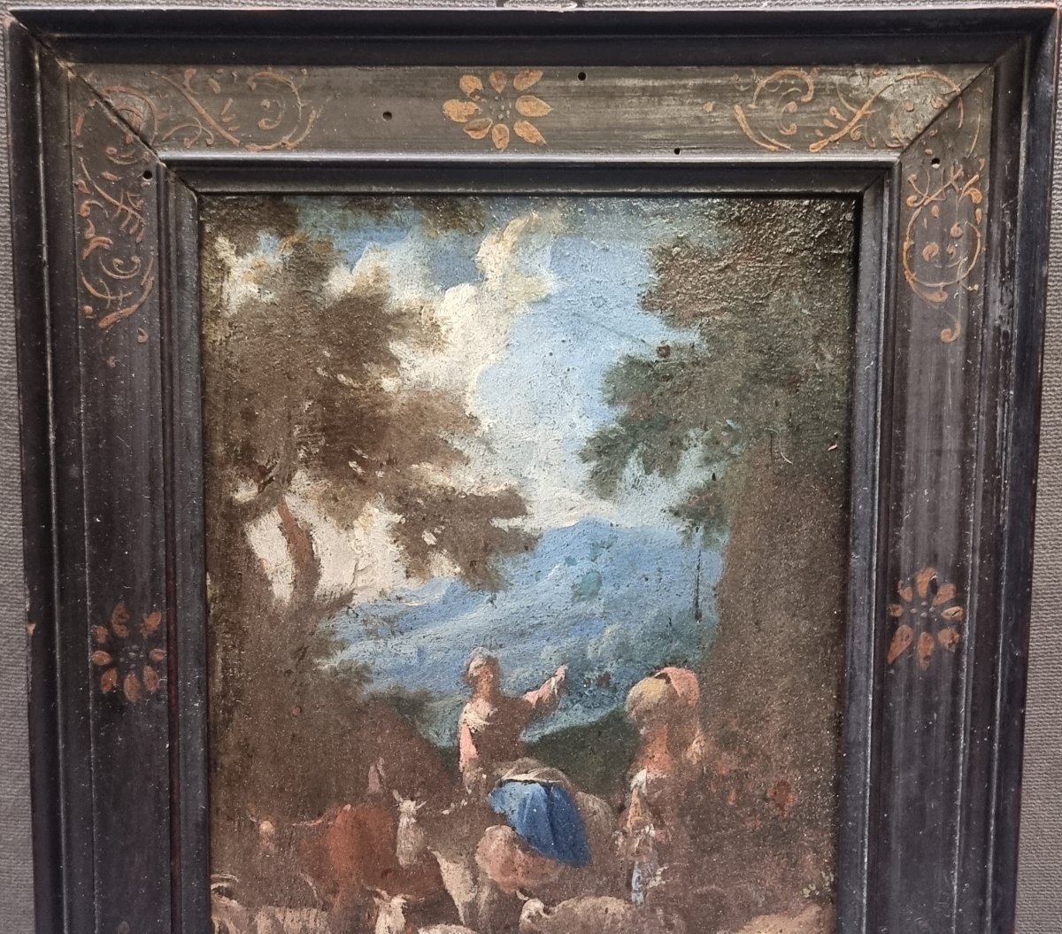 Huile sur panneau représentant une fable pastorale - Italie, milieu du XVIIe siècle-photo-4