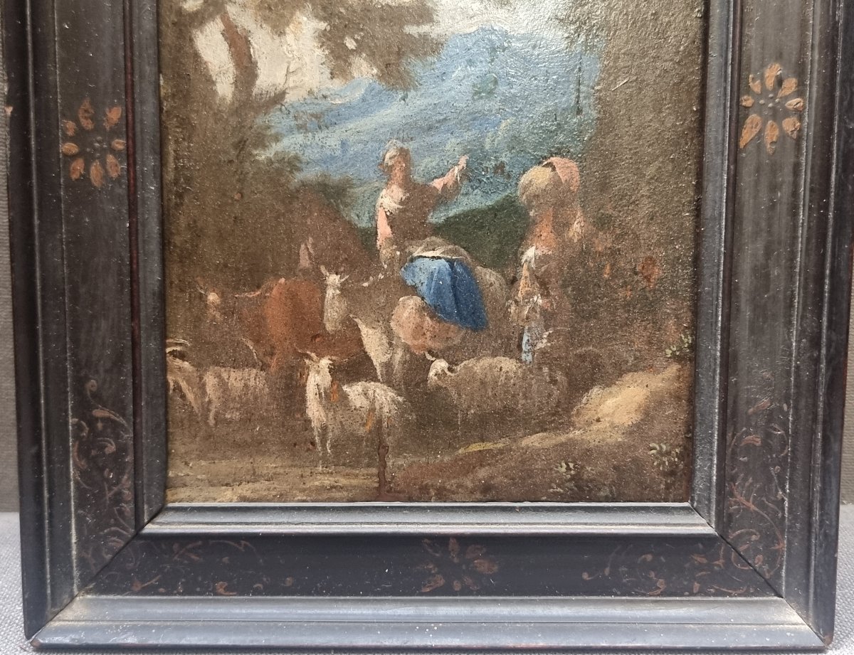 Huile sur panneau représentant une fable pastorale - Italie, milieu du XVIIe siècle-photo-5