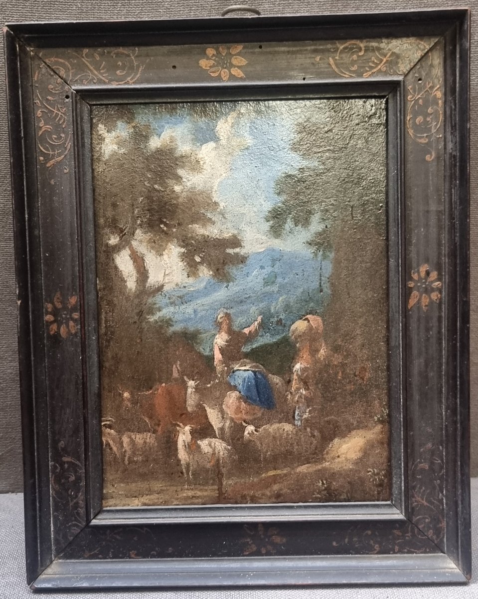 Huile sur panneau représentant une fable pastorale - Italie, milieu du XVIIe siècle