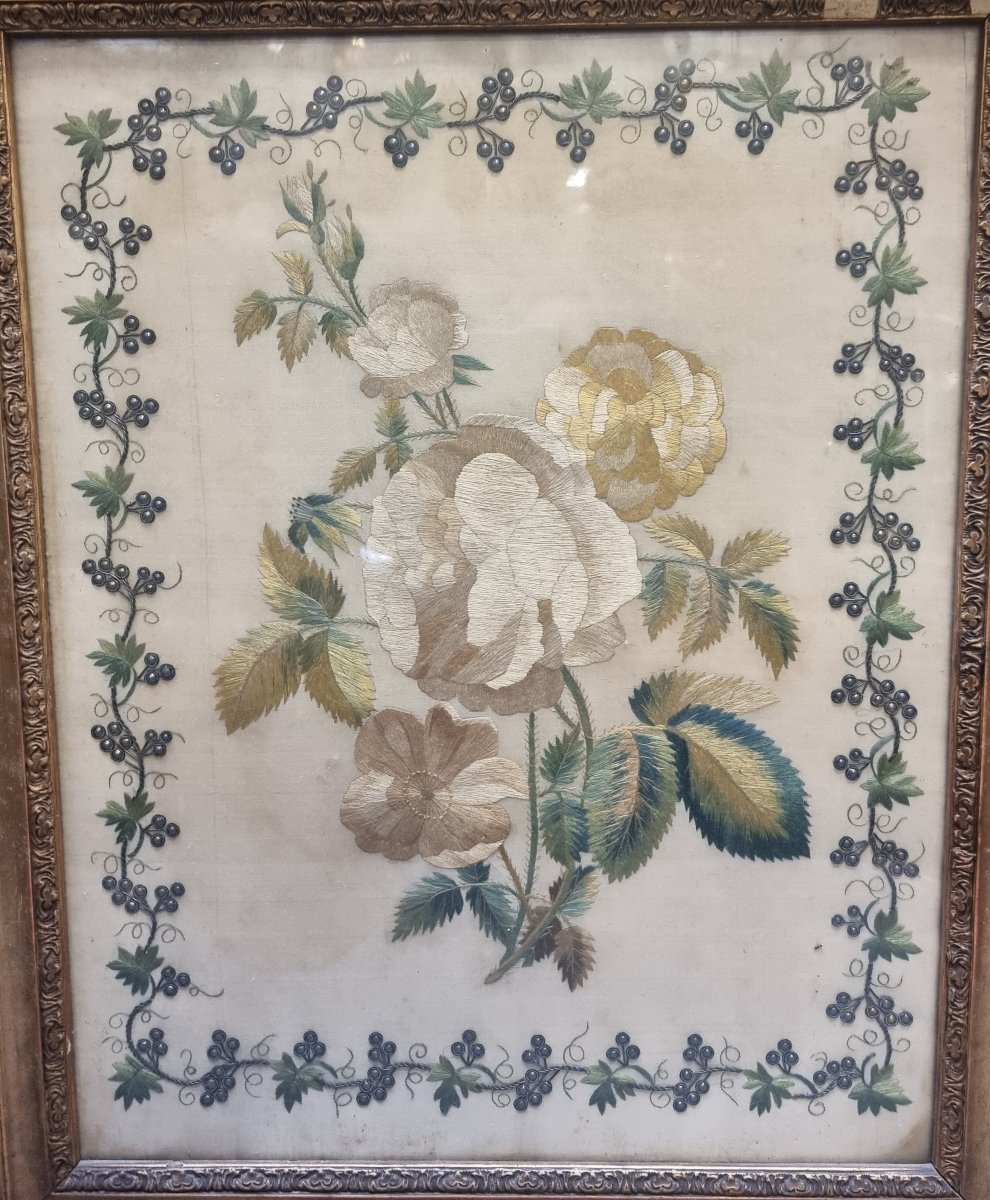 TABLEAU - TISSU BRODÉ - FLEURS - Début du XIXe siècle-photo-2
