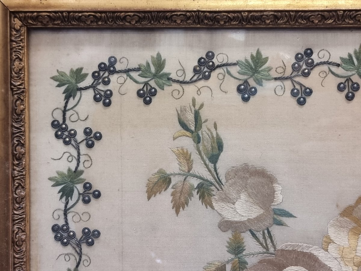 TABLEAU - TISSU BRODÉ - FLEURS - Début du XIXe siècle-photo-4