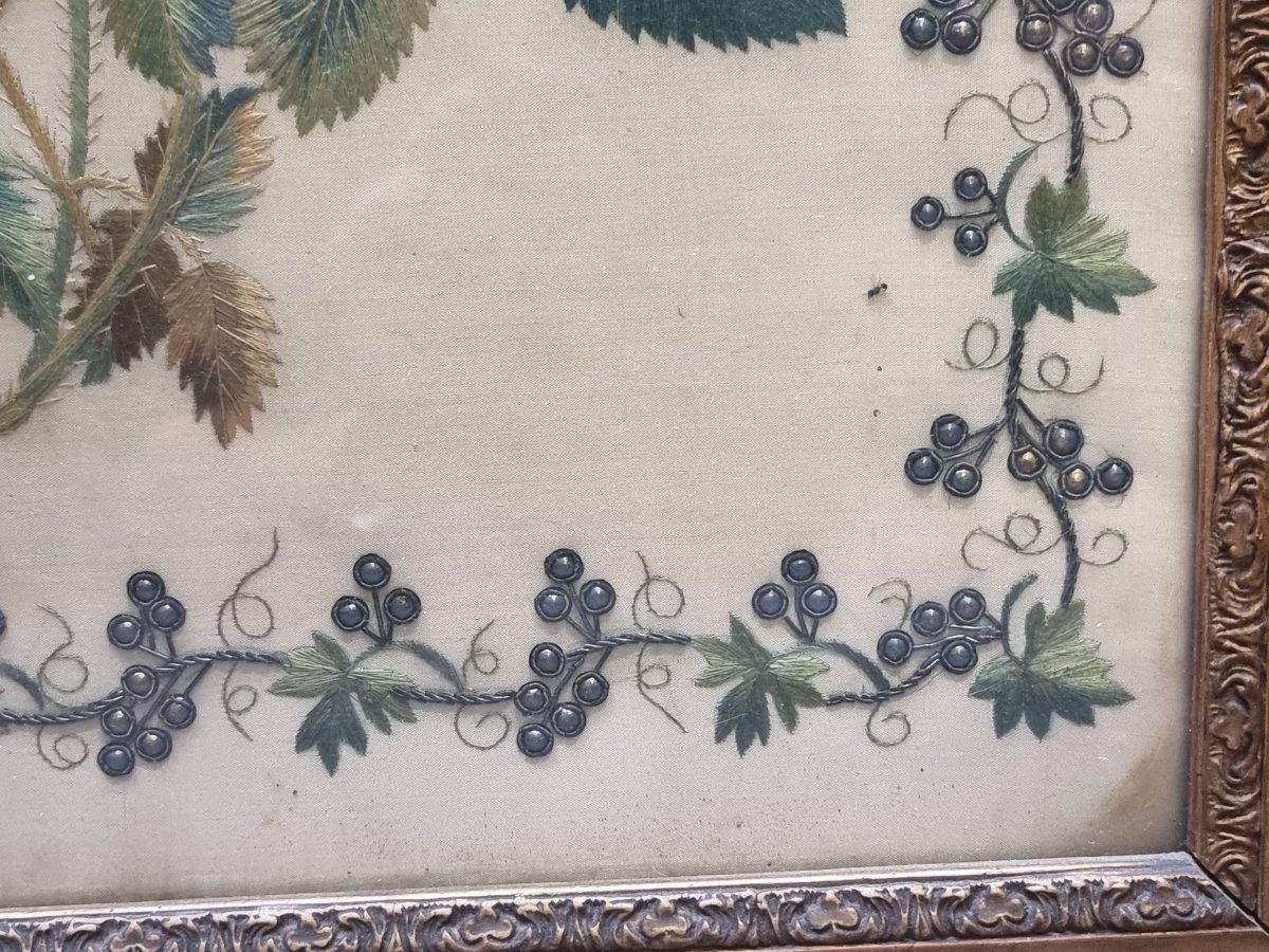 TABLEAU - TISSU BRODÉ - FLEURS - Début du XIXe siècle-photo-2