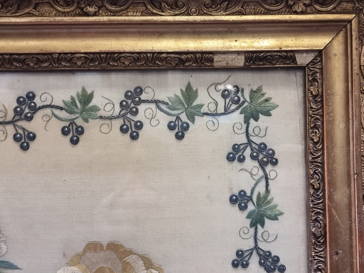 TABLEAU - TISSU BRODÉ - FLEURS - Début du XIXe siècle-photo-3