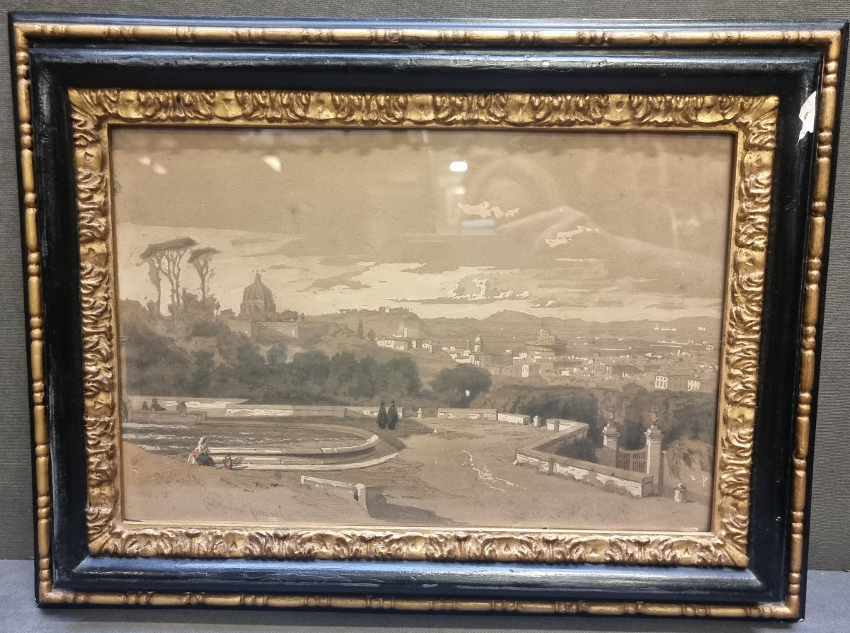 Gouache sur papier - Vue de Rome depuis le Janicule, 1857 - Lindemann-Frommel (1819-1891)-photo-3