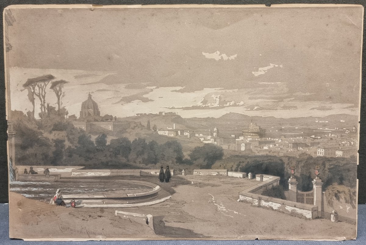 Gouache sur papier - Vue de Rome depuis le Janicule, 1857 - Lindemann-Frommel (1819-1891)