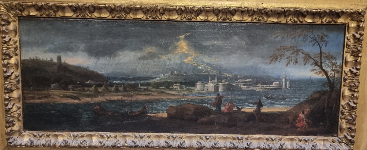 Huile sur toile représentant un paysage balayé par la tempête – Première moitié du XVIIe siècle-photo-2