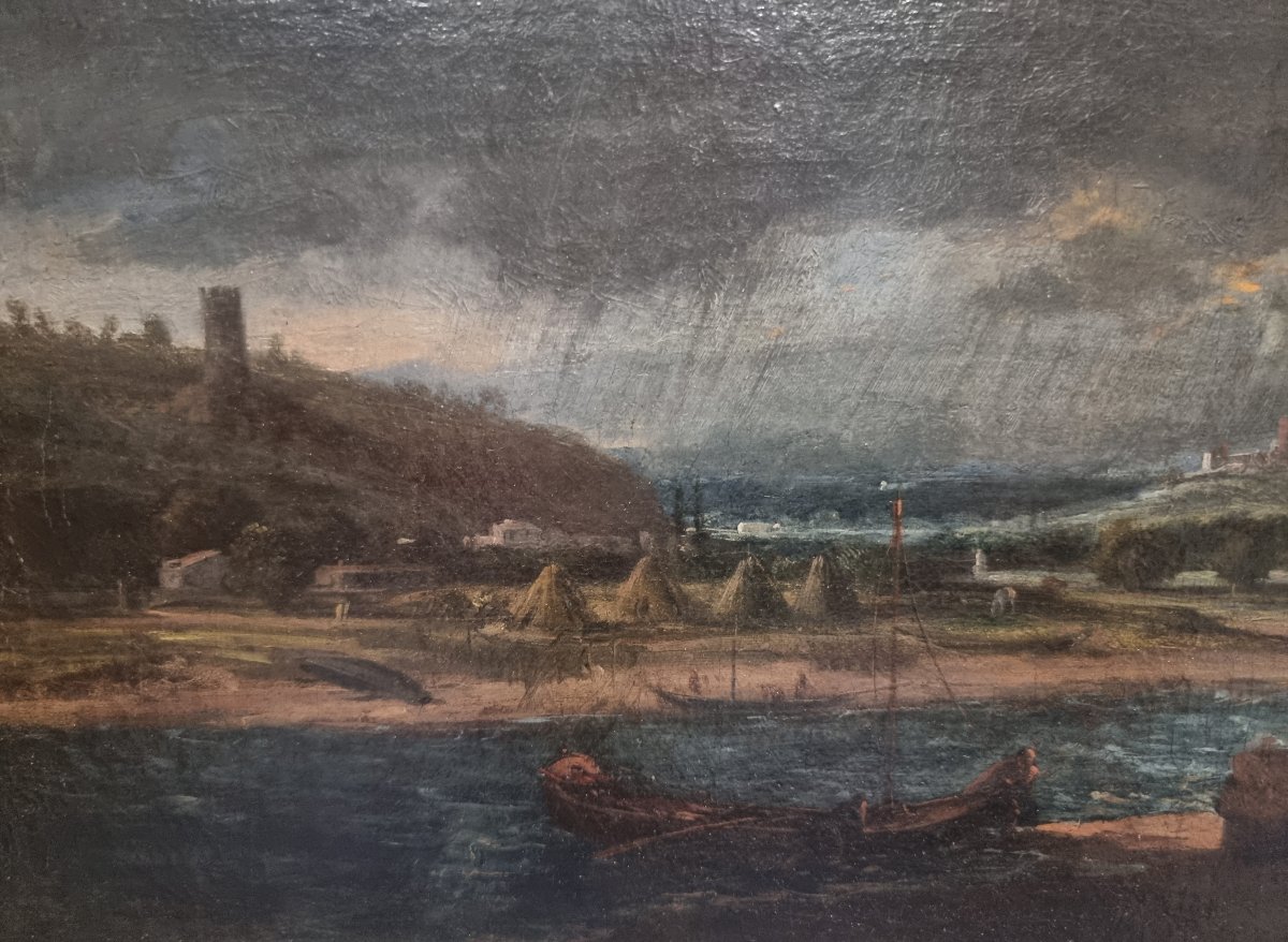 Huile sur toile représentant un paysage balayé par la tempête – Première moitié du XVIIe siècle-photo-3