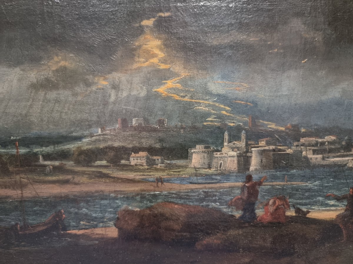 Huile sur toile représentant un paysage balayé par la tempête – Première moitié du XVIIe siècle-photo-4