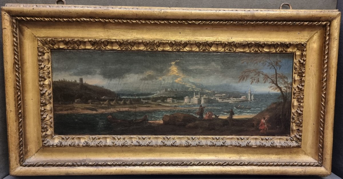 Huile sur toile représentant un paysage balayé par la tempête – Première moitié du XVIIe siècle