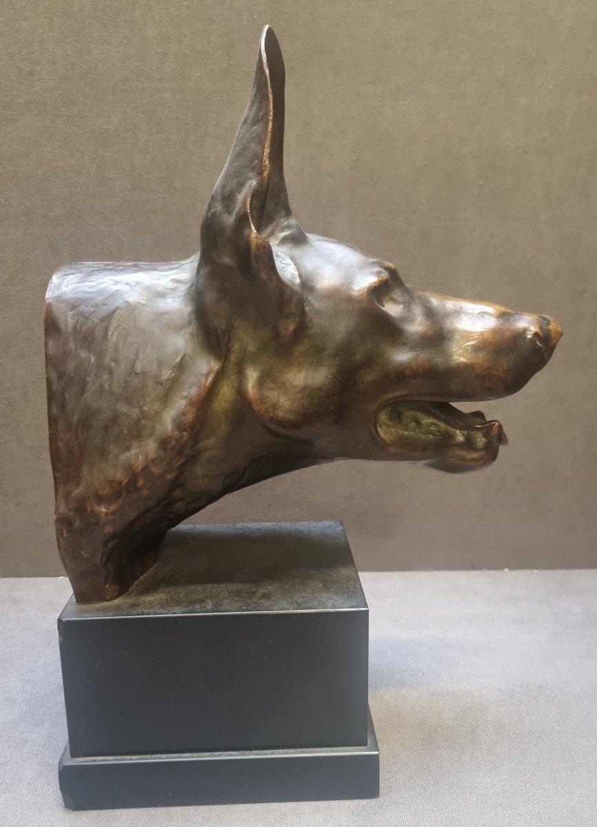 Bronze Sculpture On A Marble Base - Wolf's Head  - Max Le Verrier (1891-1973)-photo-4