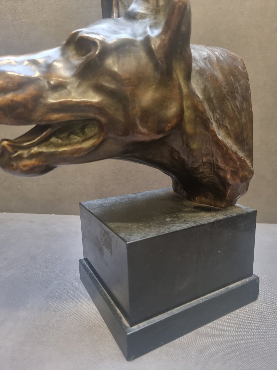 Bronze Sculpture On A Marble Base - Wolf's Head  - Max Le Verrier (1891-1973)-photo-3