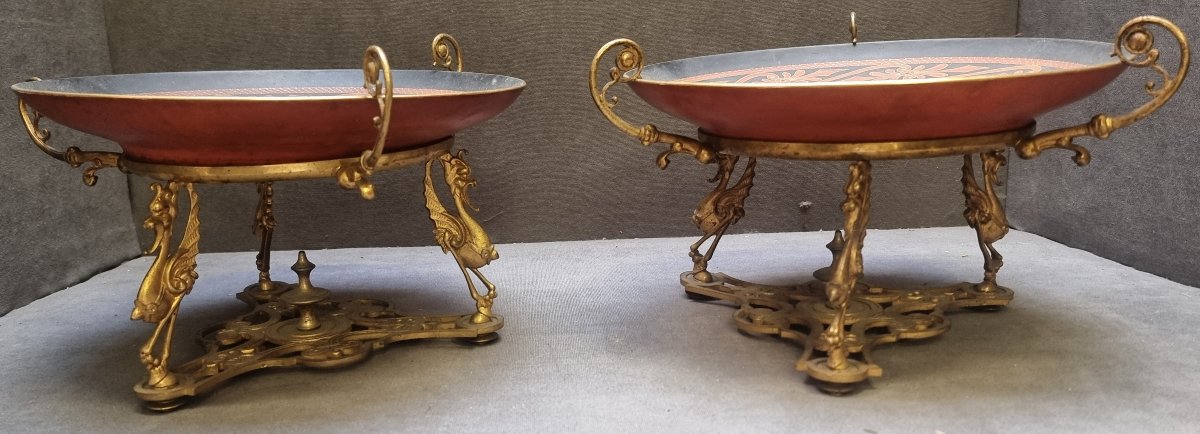 Pair Of Hand-painted Porcelain Plates On Bronze Base - France - Napoleon III - 19th Century-photo-2