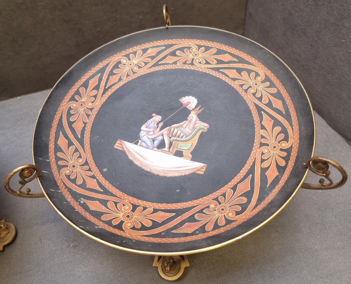 Pair Of Hand-painted Porcelain Plates On Bronze Base - France - Napoleon III - 19th Century-photo-3