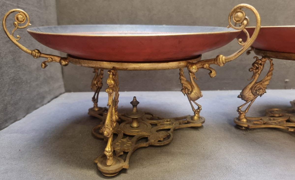 Pair Of Hand-painted Porcelain Plates On Bronze Base - France - Napoleon III - 19th Century-photo-2