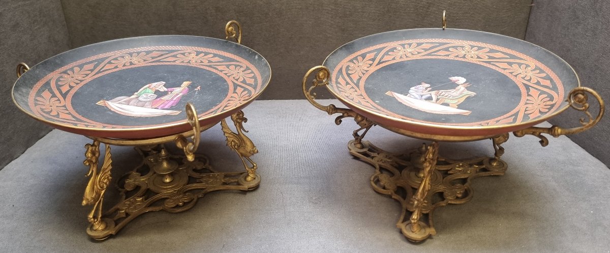 Pair Of Hand-painted Porcelain Plates On Bronze Base - France - Napoleon III - 19th Century