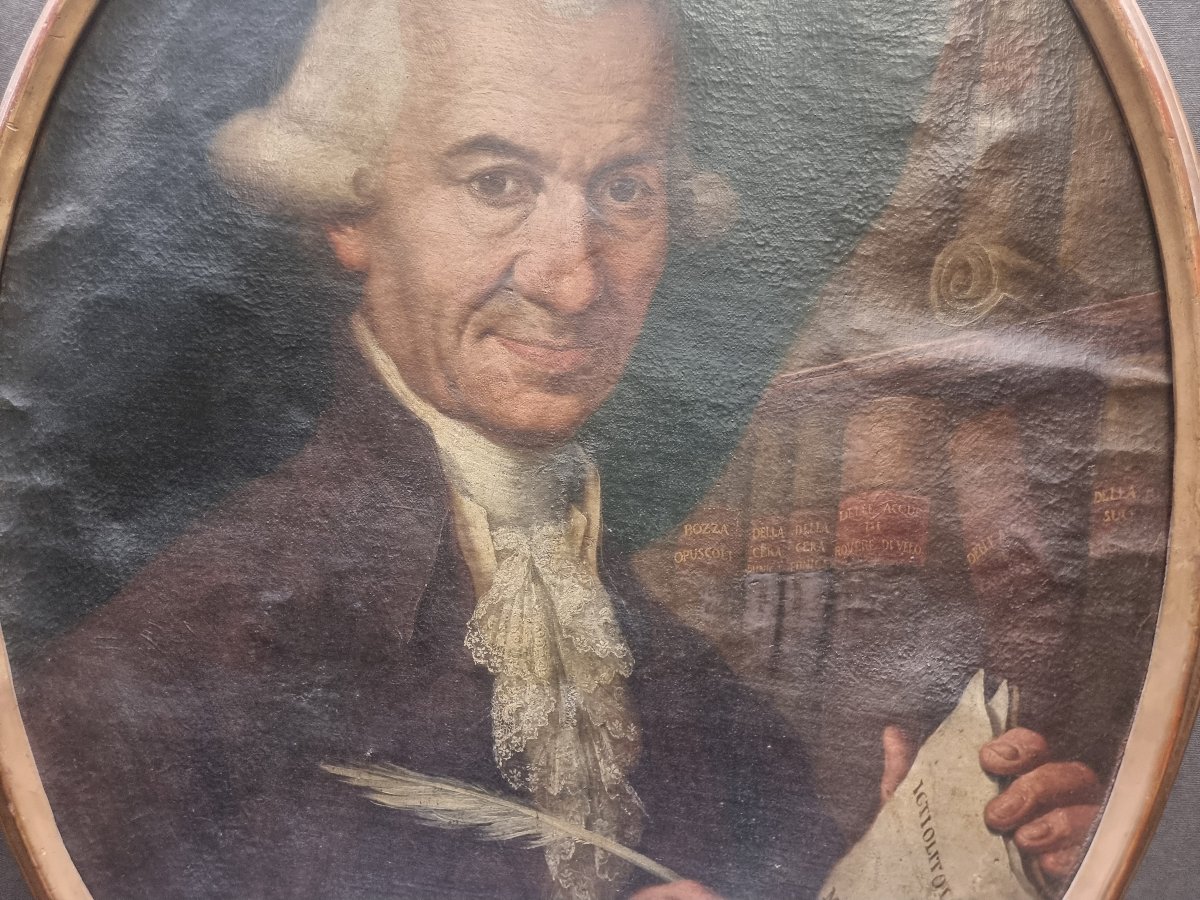 Huile sur toile ovale - Portrait d'un paléontologue - Italie - XVIIIe siècle - Cadre doré -photo-4
