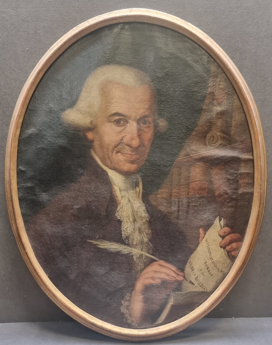 Huile sur toile ovale - Portrait d'un paléontologue - Italie - XVIIIe siècle - Cadre doré 
