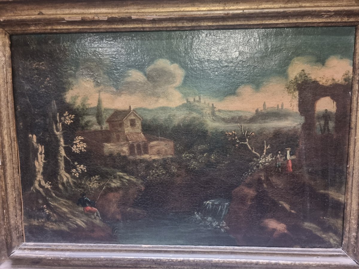 Huile sur toile représentant un paysage iconographique - Italie centrale, XVIIe siècle-photo-2