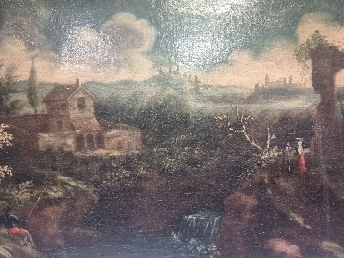 Huile sur toile représentant un paysage iconographique - Italie centrale, XVIIe siècle-photo-4