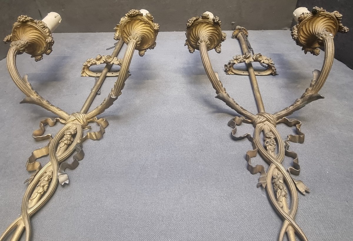 Pair Of Bronze Wall Sconces - 2-light - France, Early 1900s-photo-3